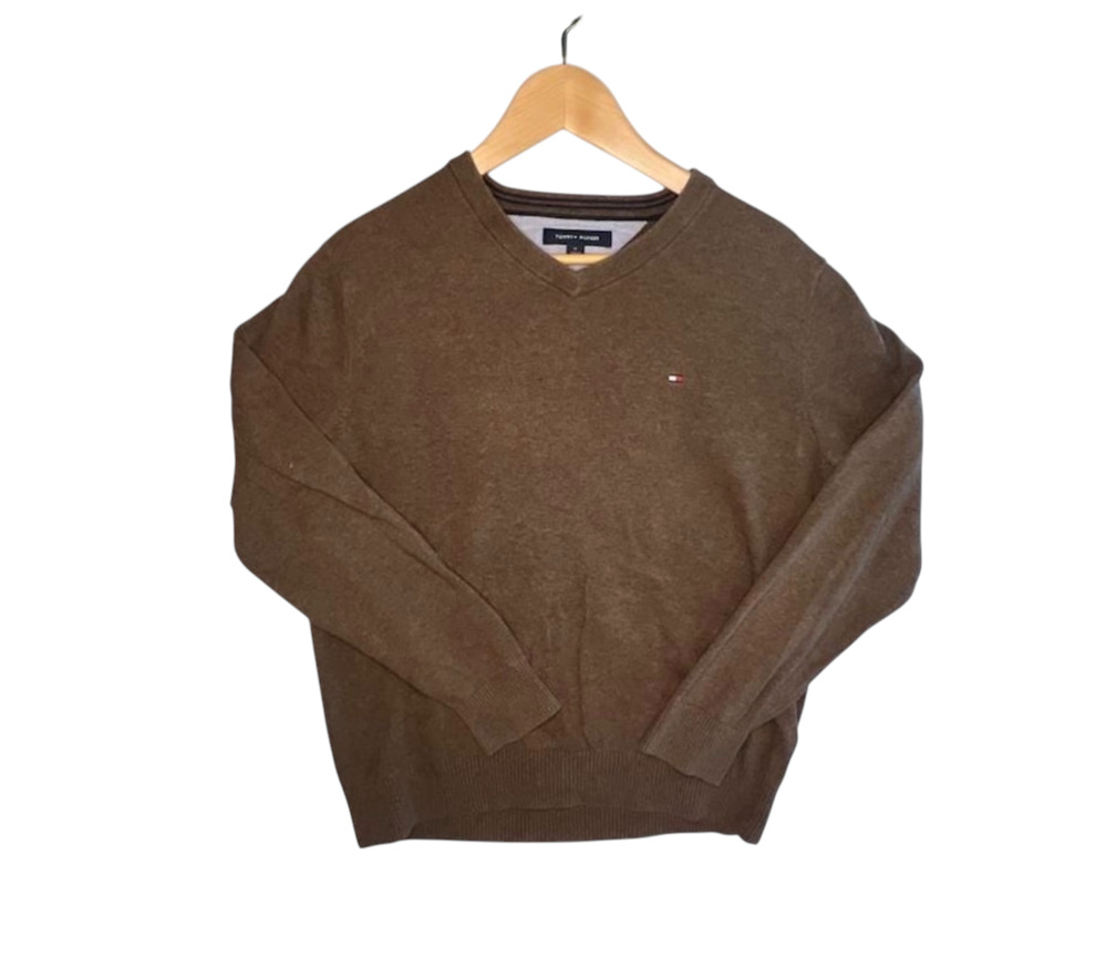 Tommy Hilfiger Men's Brown V-Neck 100% Cotton Long Sleeve Sweater
